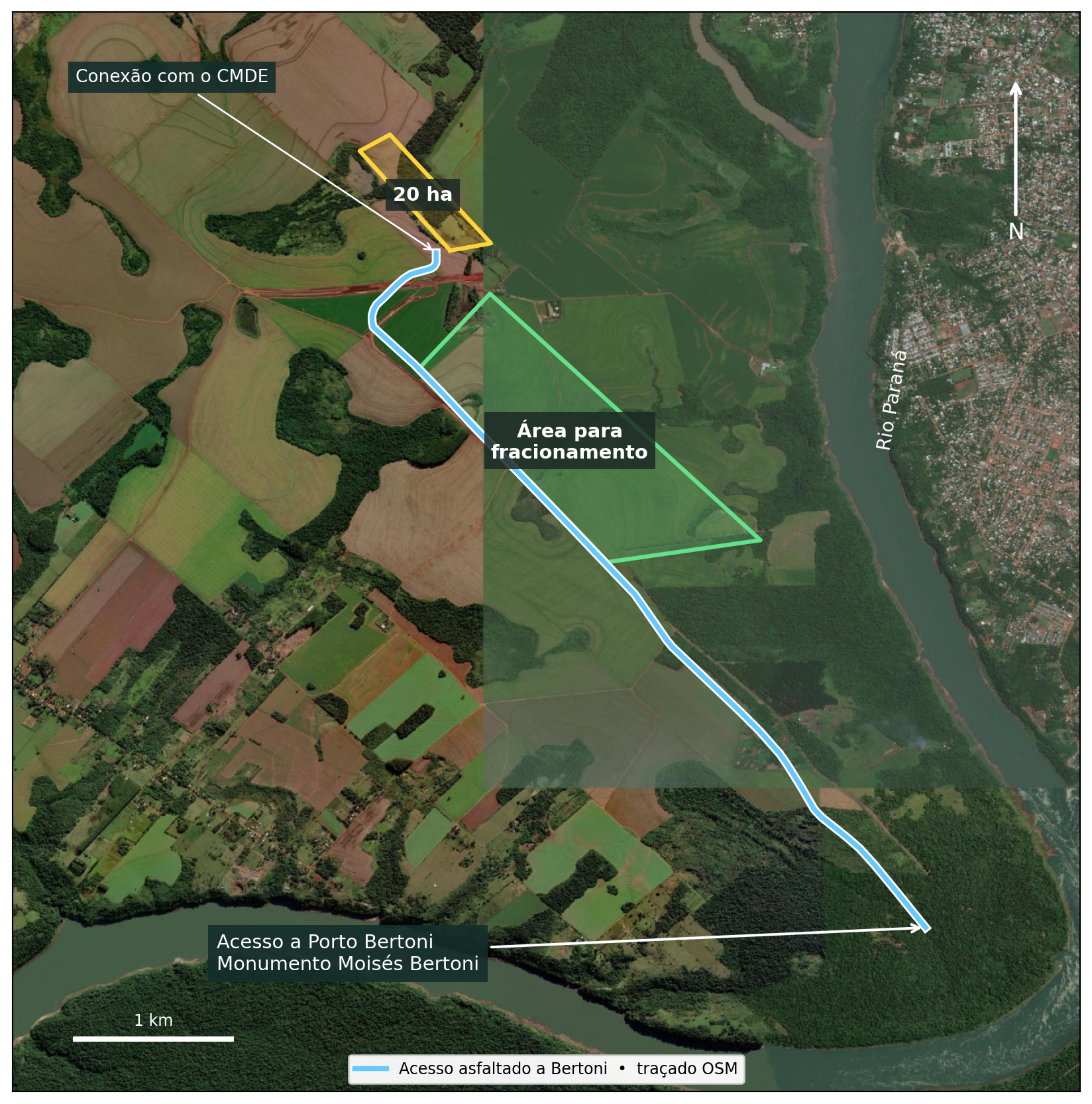 Mapa ilustrativo da ligação rodoviária das áreas ao acesso a Porto Bertoni