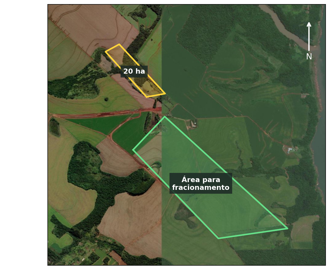 Mapa com área amarela de cerca de 20 ha e contorno verde destinado à venda por frações